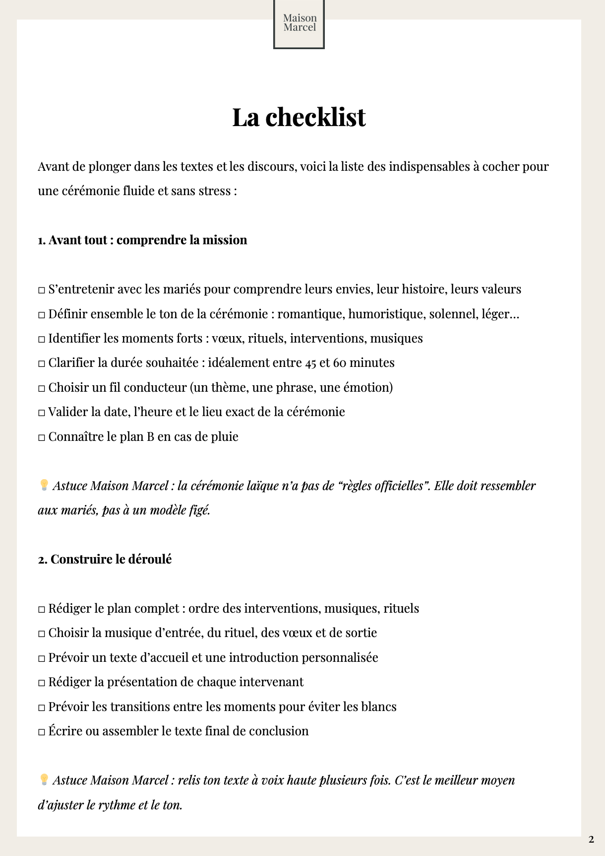 La Checklist de la Cérémonie Laïque